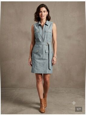 Sharagano Sleeveless Chambray Belted Mini Dress in Light Blue